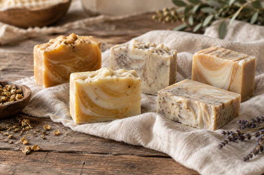 Small-batch handmade soap bars with varied swirls, speckles, and hand-cut edges on linen