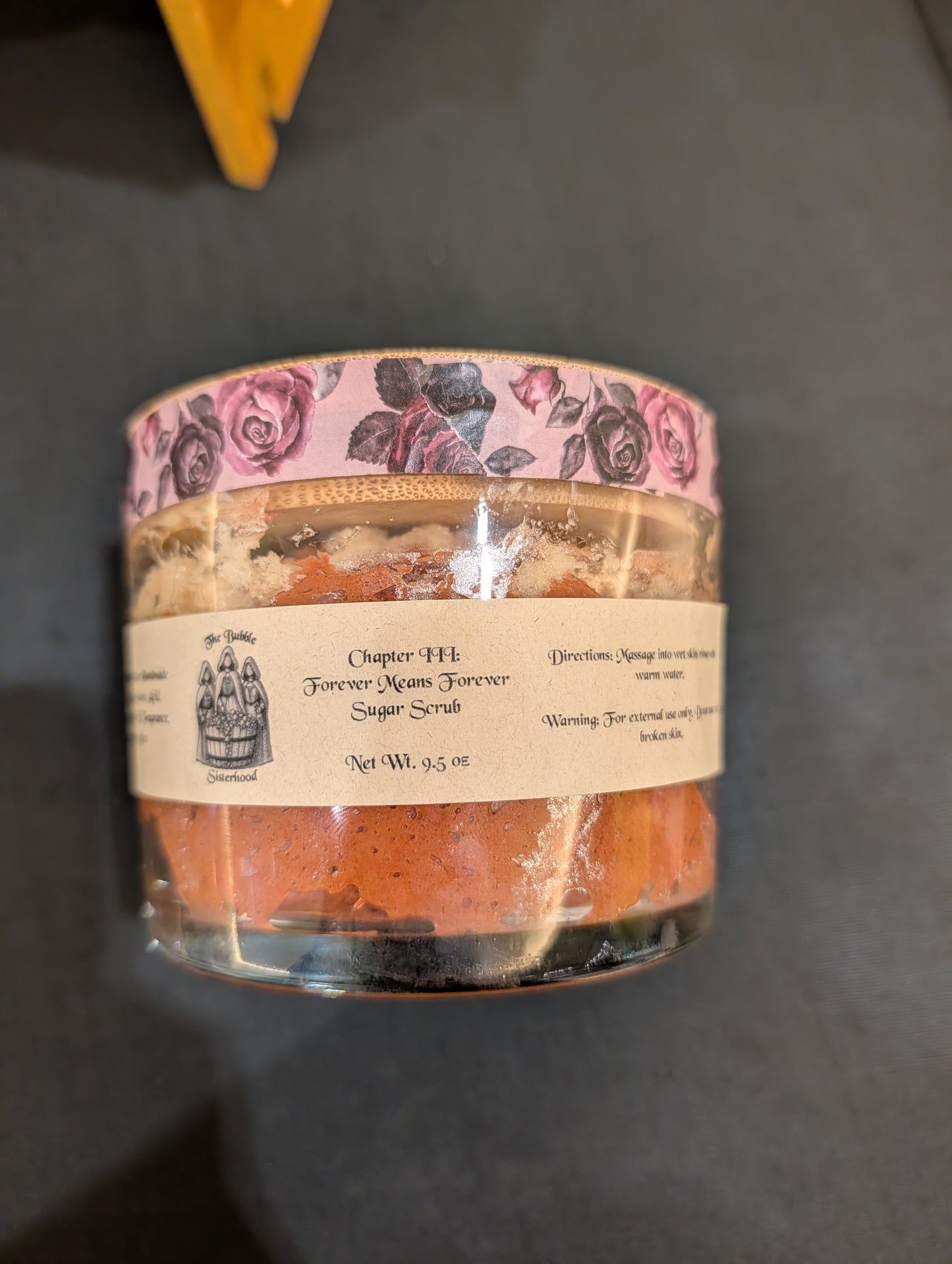 Chapter III: Forever Means Forever whipped foaming sugar scrub in clear jar with floral rose-trimmed lid — ivory and burgundy marble swirl with gold drizzle